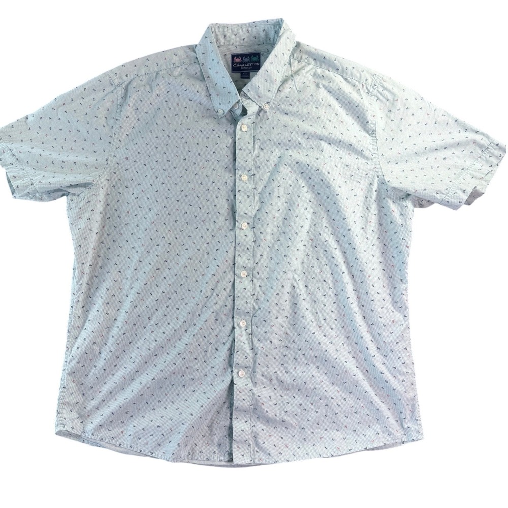 Charleston Threads XXL Blue Anchor & Crab Print Short Sleeve‎ Button Down Shirt